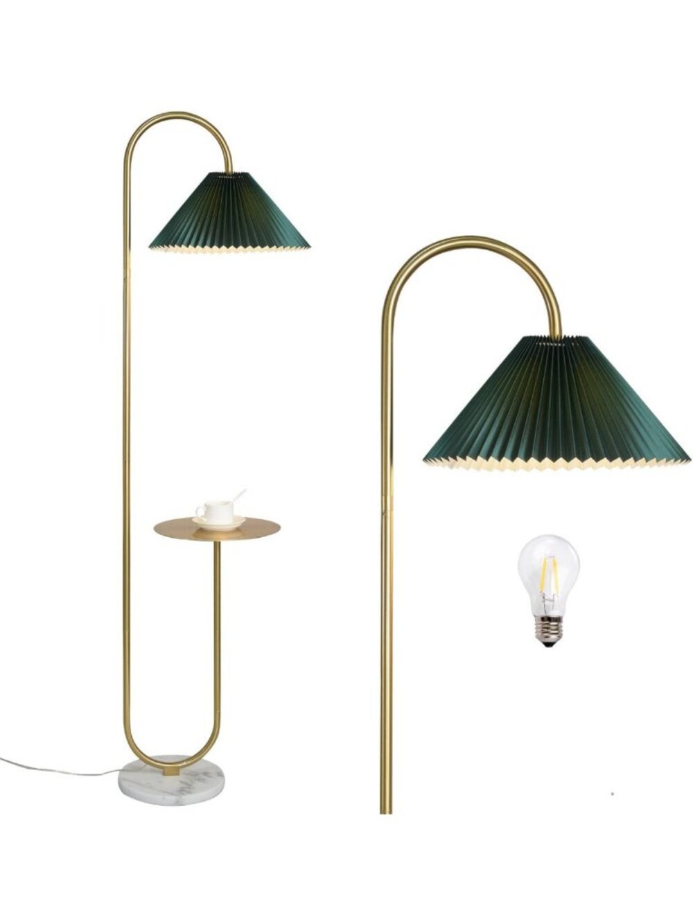 Elegant Modern Floor Lamp with Tray - Dark Green Pleated Shade, Foot Switch